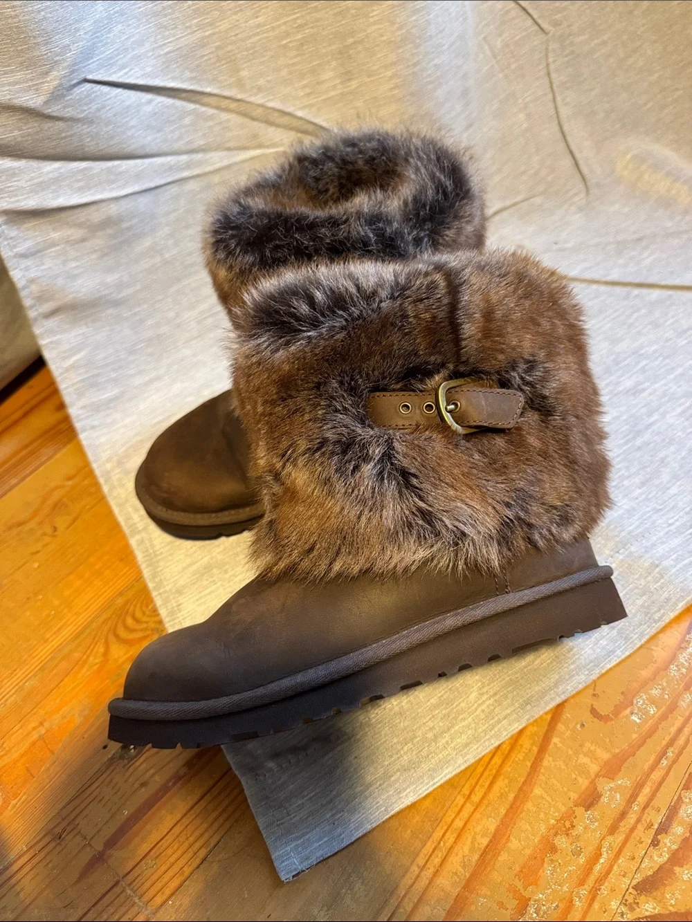 UGG Chestnut Fur-Cuff Ankle Boots with Buckle